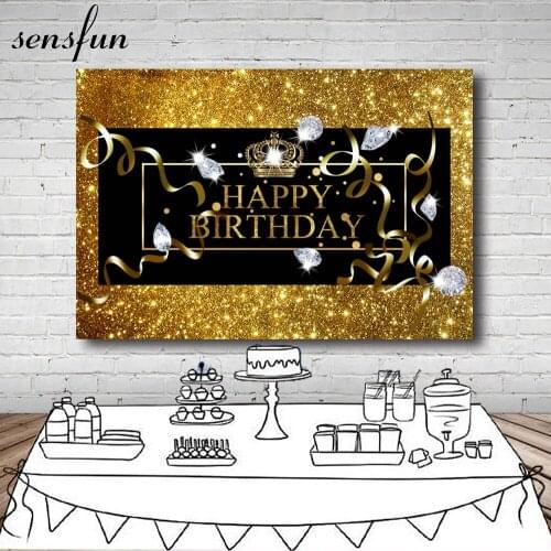 Sensfun Black Gold Glitter Backdrops For Photo Studio Crown Diamond Ribbons Woman Man Happy Birthday Photography Backgrounds