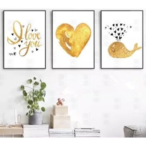 Nordic Minimalist Wall Art Canvas Painting Golden Love Dolphin Poster Mural Childrens Living Room Kitchen Print Decoration