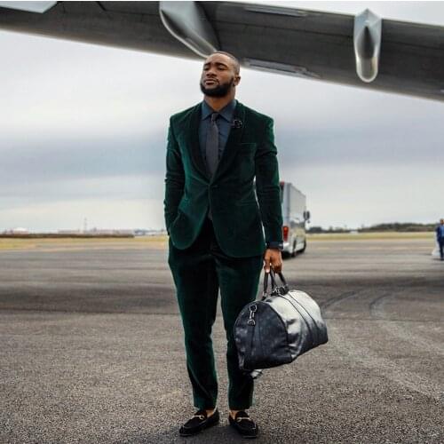 Dark Green Two Pieces Mens Suit Shawl Lapel For Wedding Blazers One Button Velvet Tuxedos Groom Wear Prom Jackets And Pants