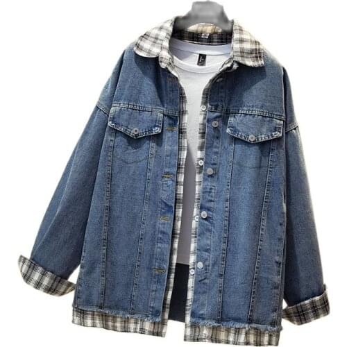 Ladies Denim Jacket Large Size Womens Clothing Lattice Splicing Female Denim Coats Spring Autumn Fake Two-Piece Jacket Tops