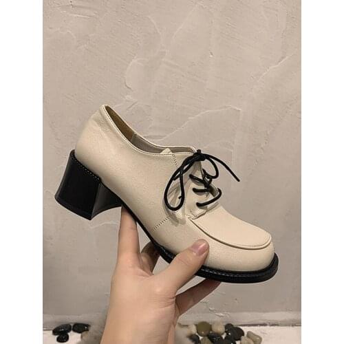 Womens shoes leather shoes 2021 new spring and autumn lace-up fashion square toe non-slip lace-up high heels