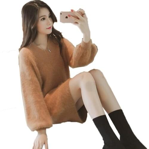 Women Sweater Knit Pullover New Autumn Winter Clothes Solid V-neck Imitation Velvet Loose Long Sweater Casual Female Tops W14