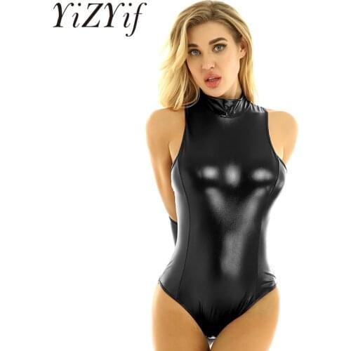 Women Sexy Lingerie One-piece bodysuit Shiny Metallic Mock Neck Sleeveless Back with Armbinder Glove Leotard Bodysuit Nightwear