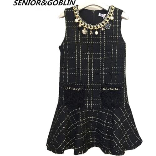 2019 High Quality Brand Dress Women Sleeveless Vest Dress Diamonds Necklace Autumn Winter Tweed Woolen Plaid Black Dress Vestido