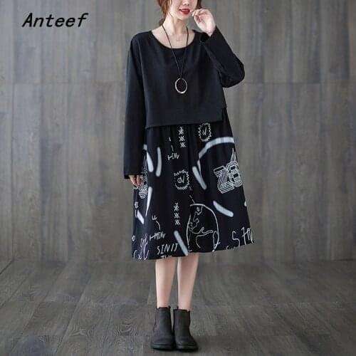 Anteef long sleeve plus size cotton vintage floral dresses for women casual loose spring autumn dress elegant clothing 2021