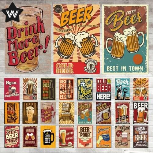 Gold Beer Metal Sign Fresh Beer Tin Plaque Vintage Wall Stickers Cold Beer Metal Sign for Man Cave Bar Pub Club Metal Decoration