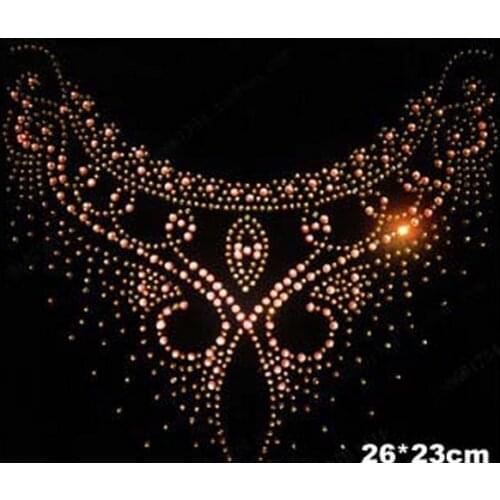 2pc/lot Golden neckline hot fix rhinestone transfer on design hot fix motif iron on applique patches for sweater