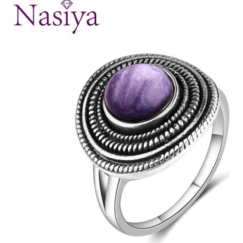 8MM Round Natural Charoite Beads Rings Cap Shape Womens S925 Sterling Silver Ring Vintage Style Fine Jewelri