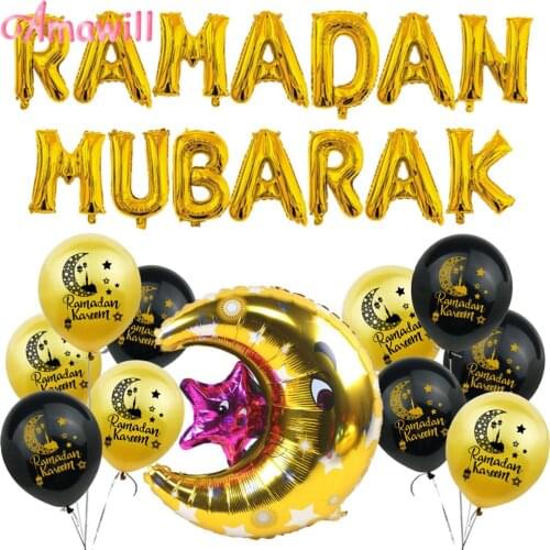 Amawill Ramadan Mubarak Balloons Banner Eid Decor 16 Inch Letters Foil Balloon For Muslim Happy Party Decorations Moon Balloon