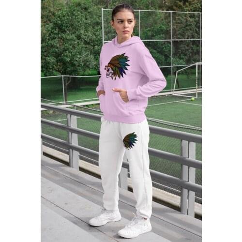 Angemiel Wear Feather Indian Crossbones Women Tracksuit Set Pink Hooded Sweatshirt White Sweatpants
