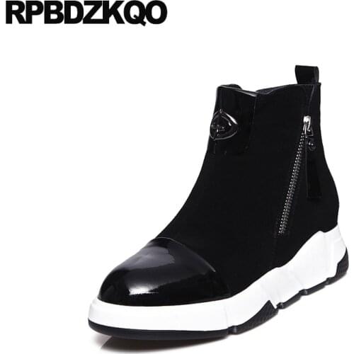 Side Zip Boots Round Toe Suede Black Patent Leather Booties Winter Trend Ankle Platform Fall Luxury Metal Shoes Height Increased