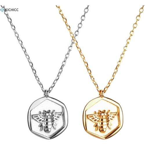 Kikichicc 925 Sterling Silver Bee Coin Round Pendant Necklace Gold Chain Luxury European Rock Punk JewelrY For Fashion Women