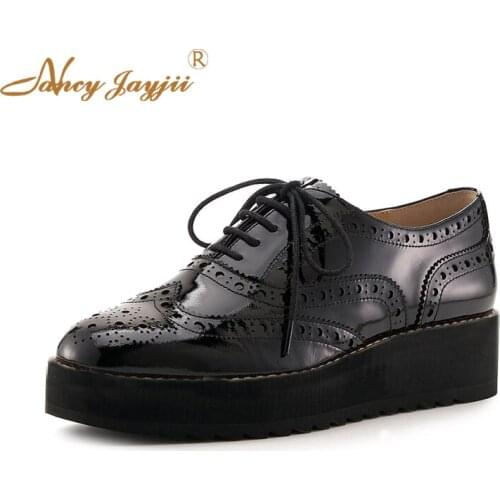 Black Spring Platform Oxford Plus Size 12 15 Wedges Brogue Woman Shoes Lace-up Patent Leather Low Platform Heel For Ladies Shoes