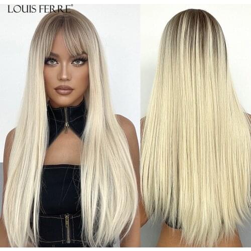 LOUIS FERRE Long Straight Light Blonde Wigs with Bangs Ombre Blonde Synthetic Hair Wigs for Women Daily Heat Resistant Fiber