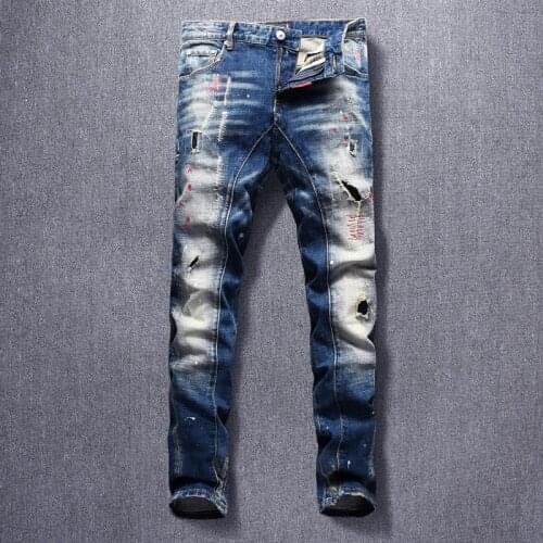 Italian Vintage Fashion Men Jeans Elastic Slim Fit Hip Hop Ripped Jeans Men Streetwear Retro Blue Embroidery Designer Punk Pants