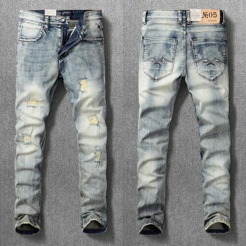 Italian Style Fashion Men Jeans Retro Blue Elastic Slim Fit Ripped Jeans Men High Quality Vintage Designer Casual Denim Pants