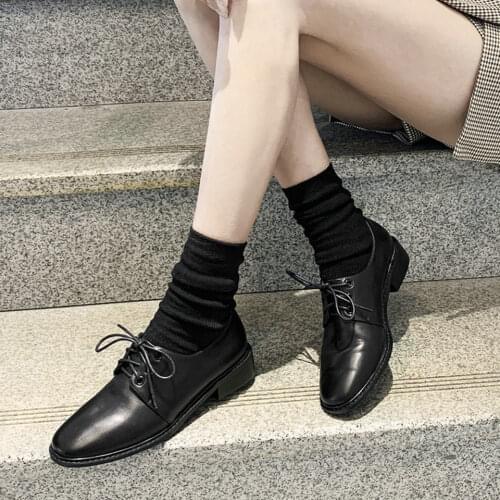 EshtonShero Womens Shoes Woman Pumps Platform Leather+PU Square Low Heels Lace Up Round Toe Black Ladies Wedding Shoes Size 3-9