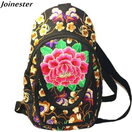Flower Embroidered Canvas Backpack Women Crossbody Bag Ethnic Casual Backpacks for Girls Travel Bag Vintage Rucksack Lady Bags