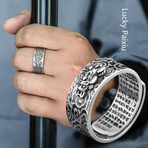 Lucky Paixiu Ring Sterling Silver Mens Heart Sutra Bodyguard Transfer Thai Silver Domineering Trendy Man Personality Trendy Man