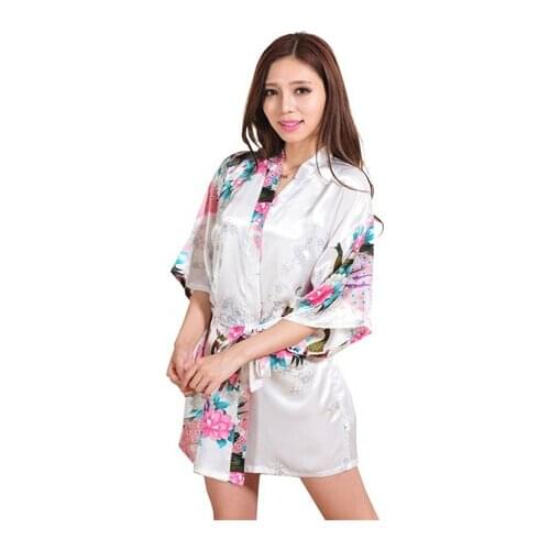 RB008 2015 Short Style Woman Peacock Printed Silk Kimono Robes ,Wedding Party Bridesmaid Robe