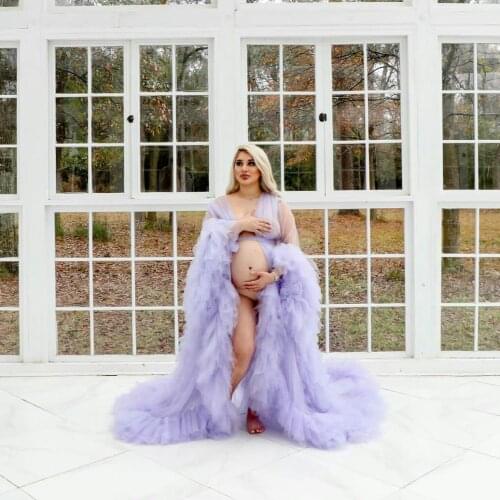 Lavender Maternity Gown for Photo Shoot Ruflles Kimono Pregnant Party Sleepwear Baby Shower Dress Women Bathrobe Nightgown Robe