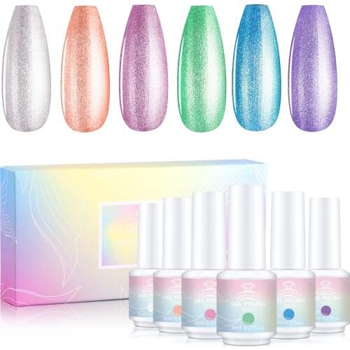 Makartt Gel Nail Soak Off Polish Set, Mermaid Atlantics Pink Pearl Holographic Gel Nail Polish 8ML Kit with 6 Colors Glimmer
