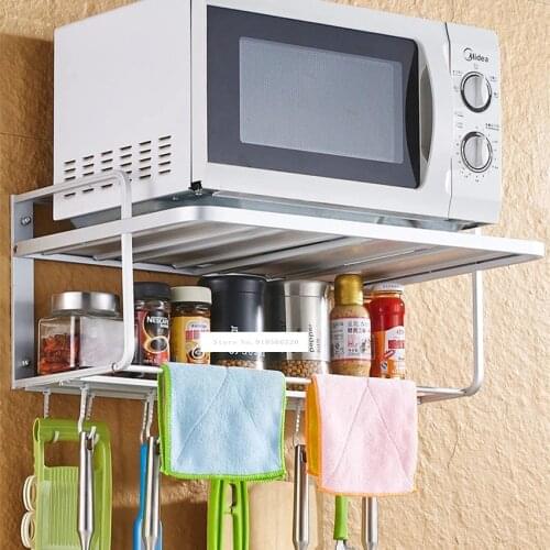 Microwave Oven Storage Rack Stand 2-Layer Wall Microwave Oven Holder Shelf Space Aluminium Frame Wall Mounted Kitchen Bracket