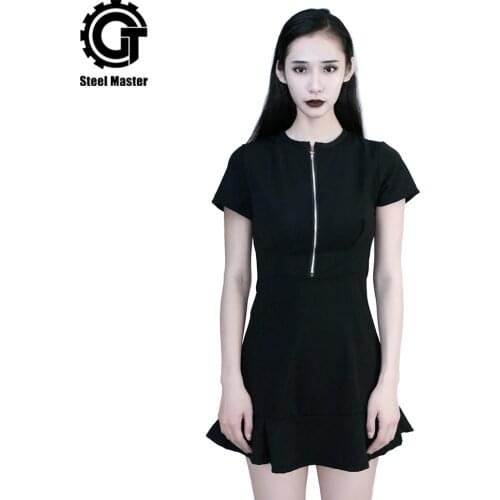 Punk Fashion Summer Dress Women Simple Black Zipper Fashtail O Neck One Piece Dress Women Clothes