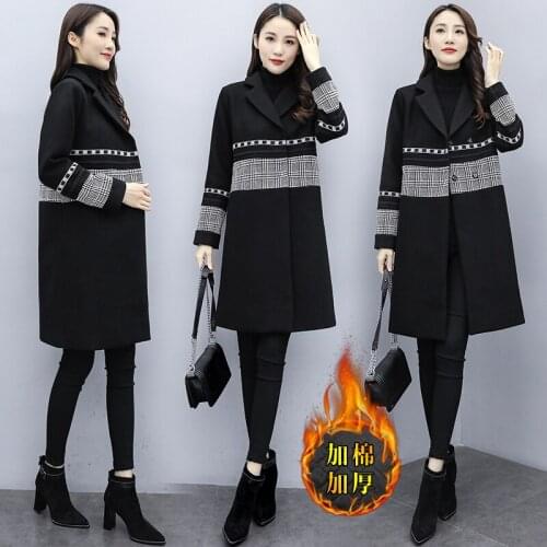 Fashionable thick woolen coat wild mid-length autumn and winter new Korean womens plaid stitching straight woolen coat