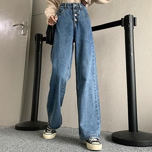 Fashion Loose Casual Women High Waist Button Wide Leg Trousers Pockets Casual Solid Color Pants Jeans 2021 Washed Jean Pants