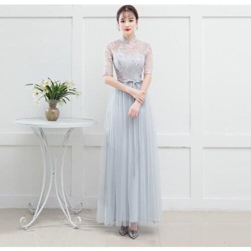 New Elegant Blue-gray Long Lace Women Dresses Ribbons Party Dress Casual Dresses Graduation Host Dress Prom Ladies 86079