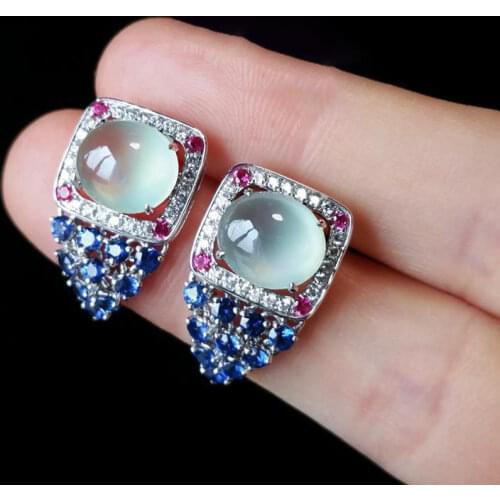 Original new silver diamond natural ice egg round chalcedony earrings luxury high-end elegant ladies jewelry