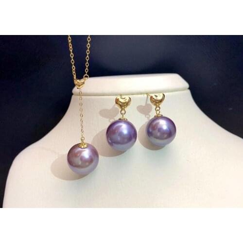 HENGSHENG 18K Gold Necklace/Earrings 10-11mm Edison Freshwater Rould Pearls Deep Purple Pearls Fine Jewelry Set For Women