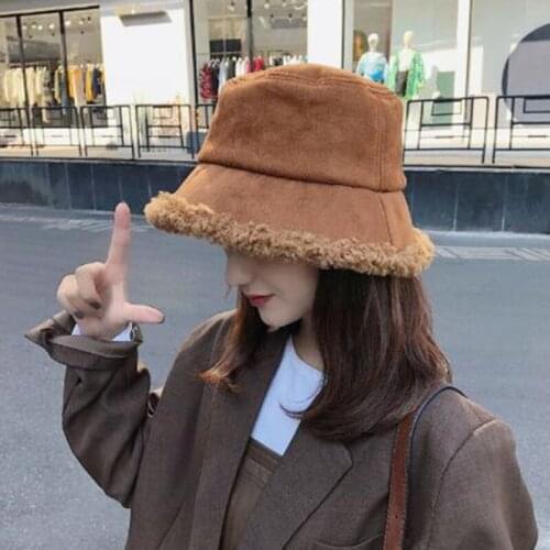 Women Winter Faux Fur Bucket Hat Ear Protector Fisherman Outdoor Sunscreen Sun Hat Panama Big Wide Visor Vintage Warm Flat Hat