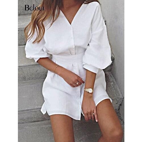 Bclout Vintage White Black Lantern Sleeve Woman Casual Dress Summer Straight Shirt Dresses Female Sashes Beach Vestido 2021
