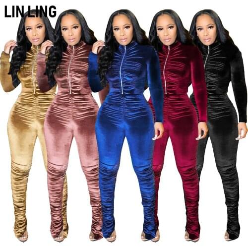 LINLING Pleated Solid Long Sleeve Comfortable Two Piece Womens Fashion Casual Suit