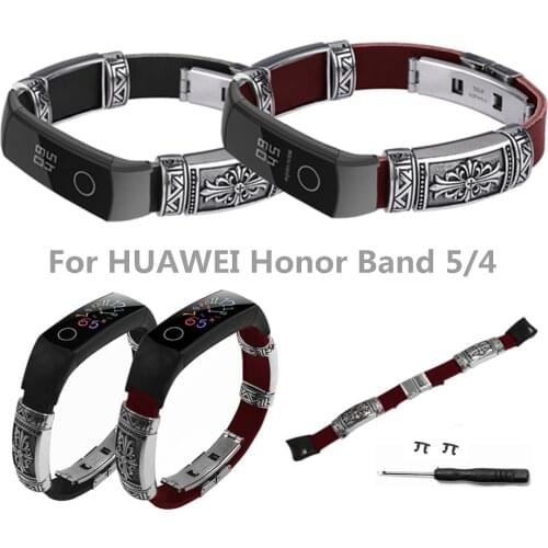 Retro Butterfly Clasp Watchband For Huawei Honor Band 5/4 Replacement Leather Strap Punk Metal Cross Embossed Wrist Band Strap