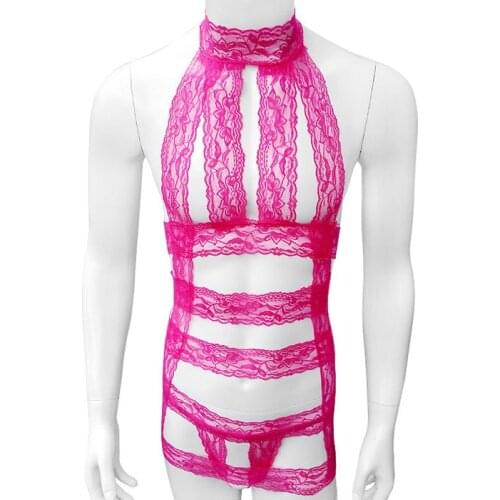 Sexy Floral Lace Lingerie Set For Mens Hot Erotic Nightwear Bandage Sissy Babydoll with G-String Underwear Exotic Apparel