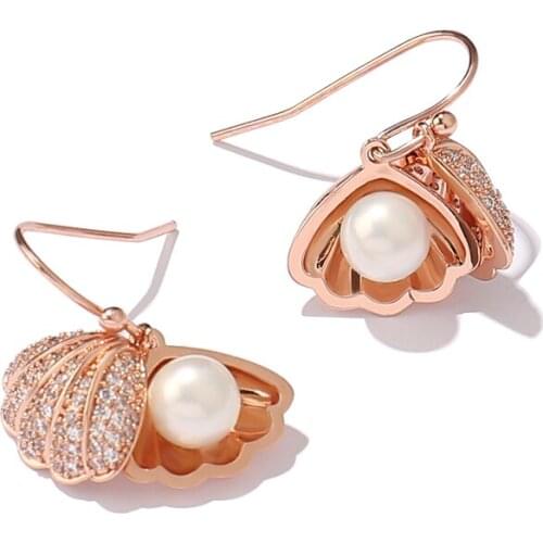 Pearl shell earrings with copper alloy zircon embeded fun fashion jewelry ladys ear hooks