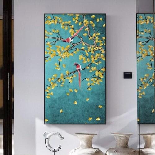 Magpie Bird and Ginkgo Tree Posters and Prints Chinese-style Canvas Painting Living Room Mural Pictures of Study Aisle