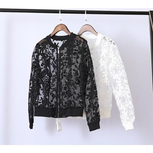 2021 New Spring Summer Short Coat Stand Collar Bomber Jacket Organza Lace Jacket Women Black White Women Casual Jackets
