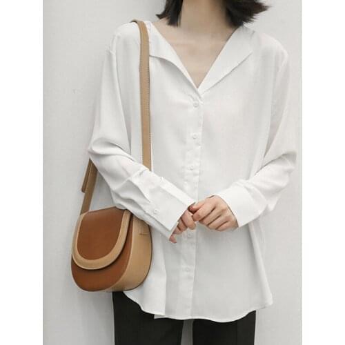 2021 Autumn New Long Sleeved Shirt Women White Lapel Senior Drape Casual Blue Shirt Ladies Loose Blouse