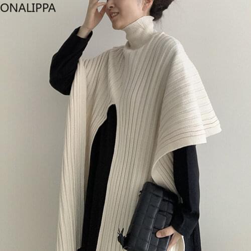 ONALIPPA Sets Women Korean Elegant Temperament Solid Color All-Match High-Neck Irregular Split Shawl Sweater Casual Base Dress