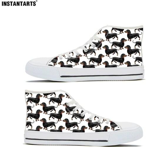 INSTANTARTS Cute Dog Print Flats Shoes Women High Top Canvas Vulcanize Shoes Autumn Ladies Dachshund Shoes Puppy Zapatos Mujer