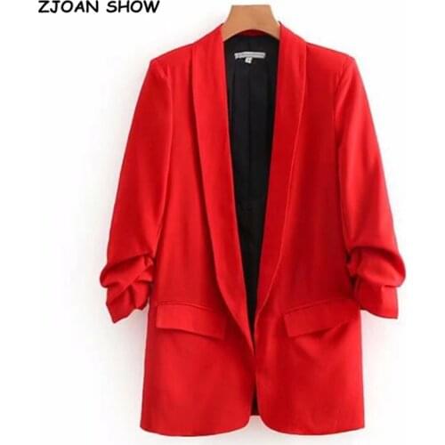 Chic Candy Solid Color Ruched Cuff Mid Long Blazer With Lining Woman Shawl Collar Slim fit Suit Casual Jacket Coat Outerwear