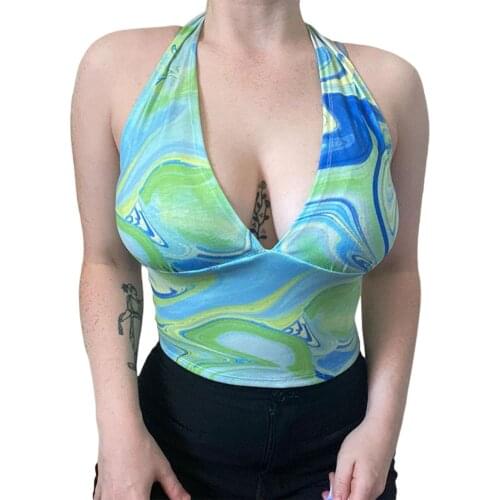 2021 Fashion Trend Print Halter Crop Top Women Sleeveless Backless Slim Fit Tank Top Holiday Summer Casual Camis Tops Streetwear