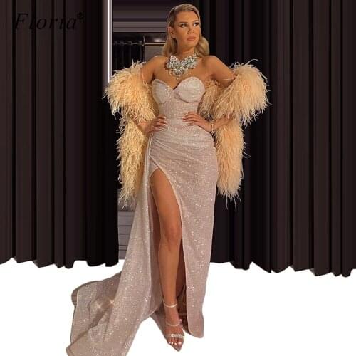 New Arrival Middle East Prom Dresses Sparkly Sexy Cocktail Dress With Feather Shawl Dubai Evening Dress Long Women Gowns Party