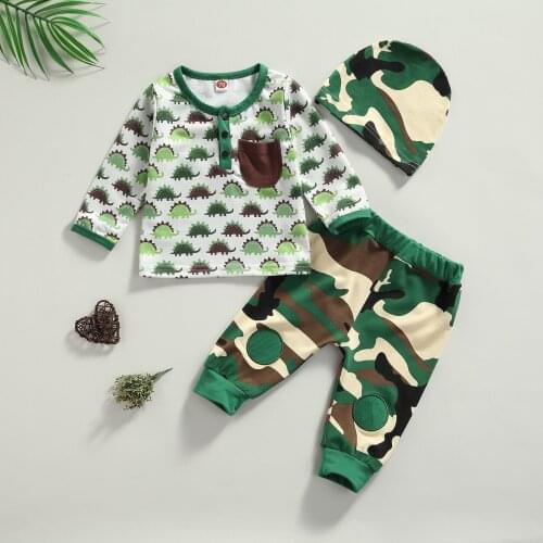 3Pcs Baby Tracksuits Dinosaur Print Long Sleeve Tops Shirts + Camouflage Pants + Hat Toddler Baby Girls Boys Clothes Sets