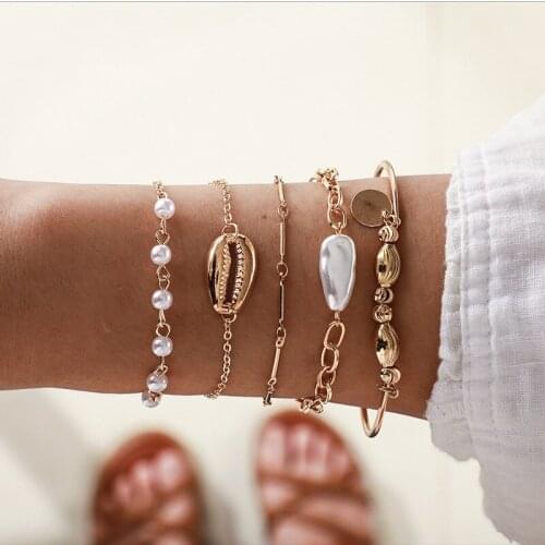 5 Pcs/Set Fashion Handmade Imitation Pearl shell Bangle Bracelet Set Women Gold Chain Bracelet Jewelry Gifts