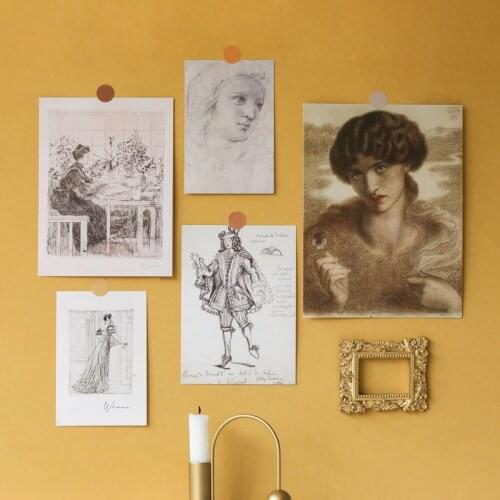 7pcs Retro Lady Sketch Painting Decoration Card Background Small Poster Journal Office Wall Sticker Photo Props Stationery Gift